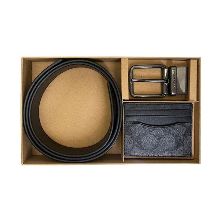 New COACH Boxed Coated Canvas With Refined Cow Leather Belt Card Holder Men's Bronze/Charcoal/Black C8278-QBMI5