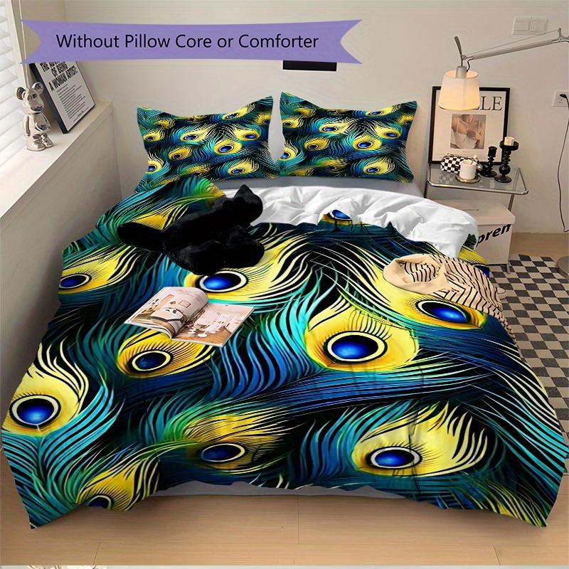 3Pcs Peacock Feather Pattern Printed Bedding Set, Breathable And Soft,(Includes 1 Duvet Cover And 2 Pillowcases, Quilt Not Included) Yy250815164