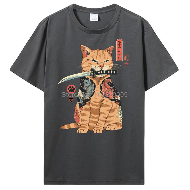 Summer New Men Japanese Samurai Cat Graphic T Shirt Fashion Casual Personality Cool T-shirt Print Cotton Tees Tops