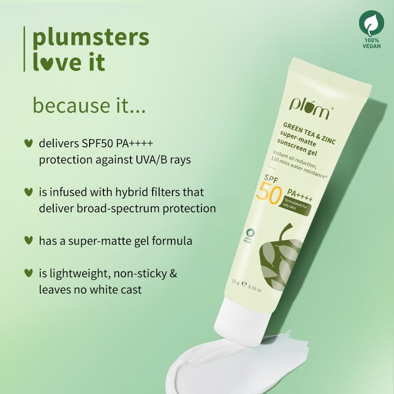 Plum Green Tea & Zinc Super-Matte Gel Sunscreen SPF 50 PA++++ 15g Pack for Oily & Acne-Prone Skin