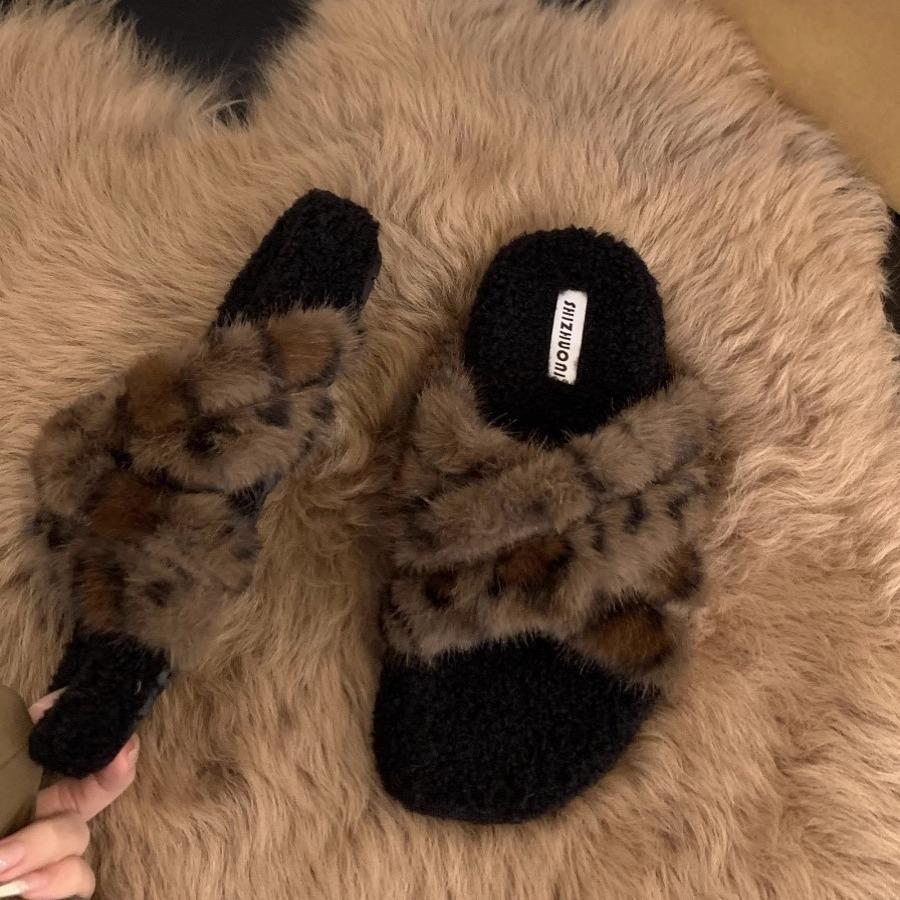 Platform leopard print fluffy shoes women's shoes wear 2025 new autumn and winter cotton slippers lamb wool fashion cotton shoes