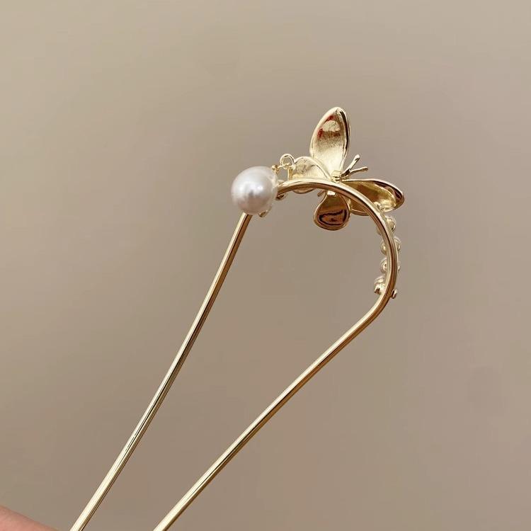 Gentle Butterfly Pearl Glaze Chinese U-Shaped Hairpin for Daily Wear