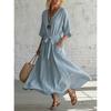 Summer Elegant Minimalist Cotton Linen V-neck Mid-sleeve Solid Color Breathable Waisted Wide Swing Long Dress