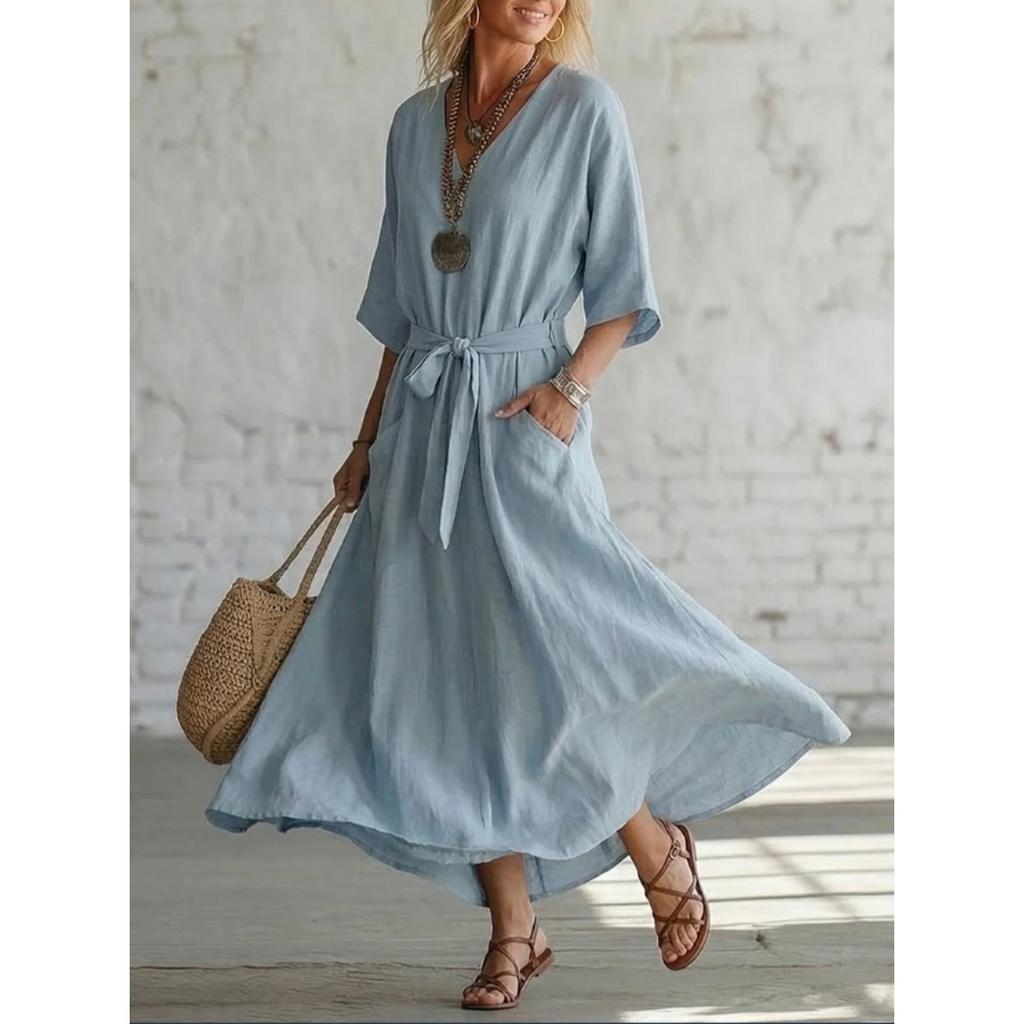 Summer Elegant Minimalist Cotton Linen V-neck Mid-sleeve Solid Color Breathable Waisted Wide Swing Long Dress