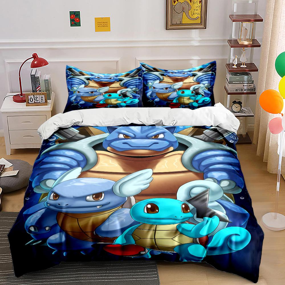 Japanese Anime Pokemon Squirtle Bedding Set Quilt 3 Pieces Duvet Cover King Queen Us Twin Size Bedclothes Kid Boy Girl Bed Decor