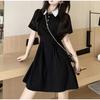 Small new Polo collar dress women's summer sweet contrasting color lapel a word waist thin small black dress