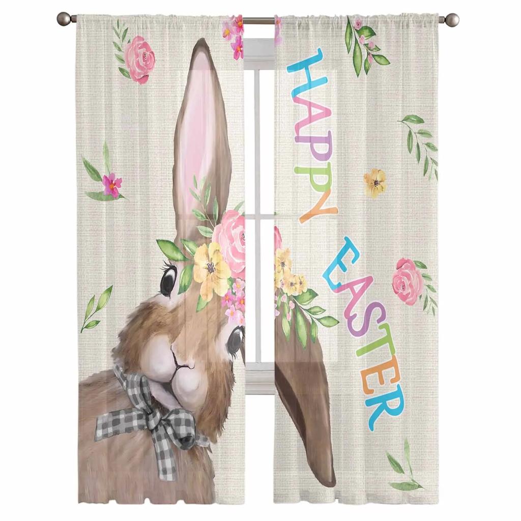 Osterhasen-Blumen-Retro-Tüllvorhänge für Wohnzimmer, durchsichtiger Vorhang für Schlafzimmer, Küche, Jalousien, Voile-Vorhänge