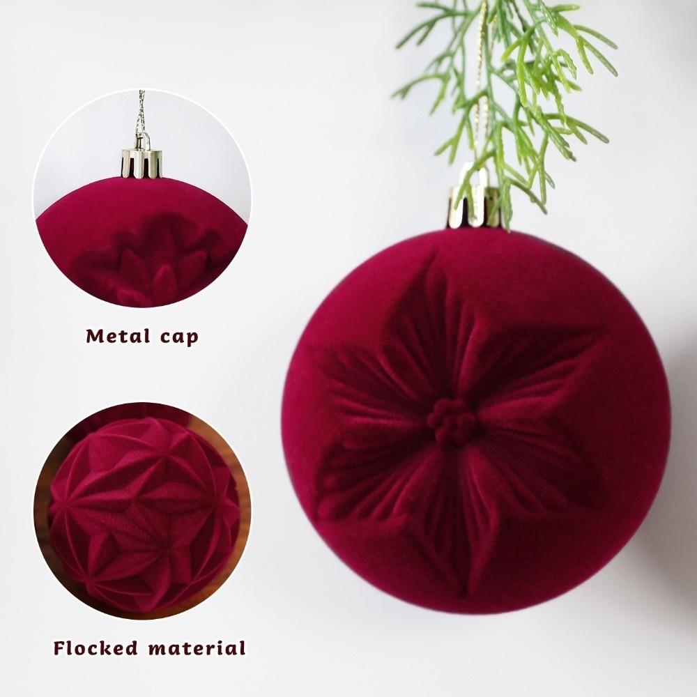 8 CM Red Flocked Christmas Balls Ornaments Break-Resistant with Lanyards Xmas Tree Baubles Pendants Solid Color Shatterproof