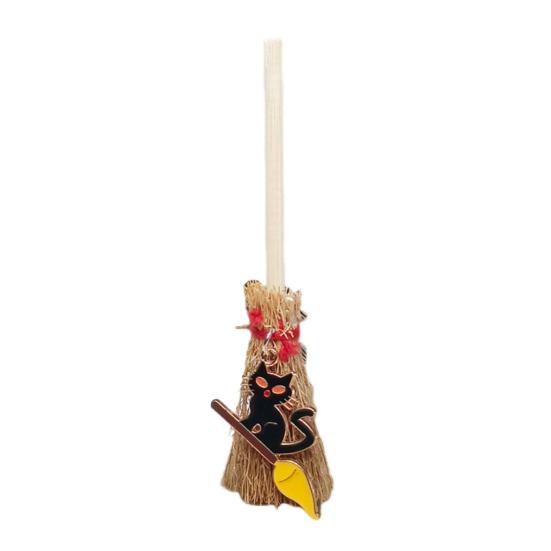 Mini Witch Broom Car Pendant Wooden Halloween Ornament for Rearview Mirror 1:6/1:12 Miniature Doll Houses Scale Accessory
