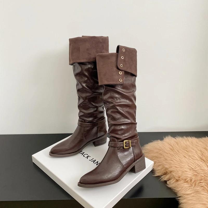 Winter Vintage Pointed Toe Woman Knight High Boots Fashion Belt Buckle Thick Heel Shoes Ladies Street Style Western Long Botas