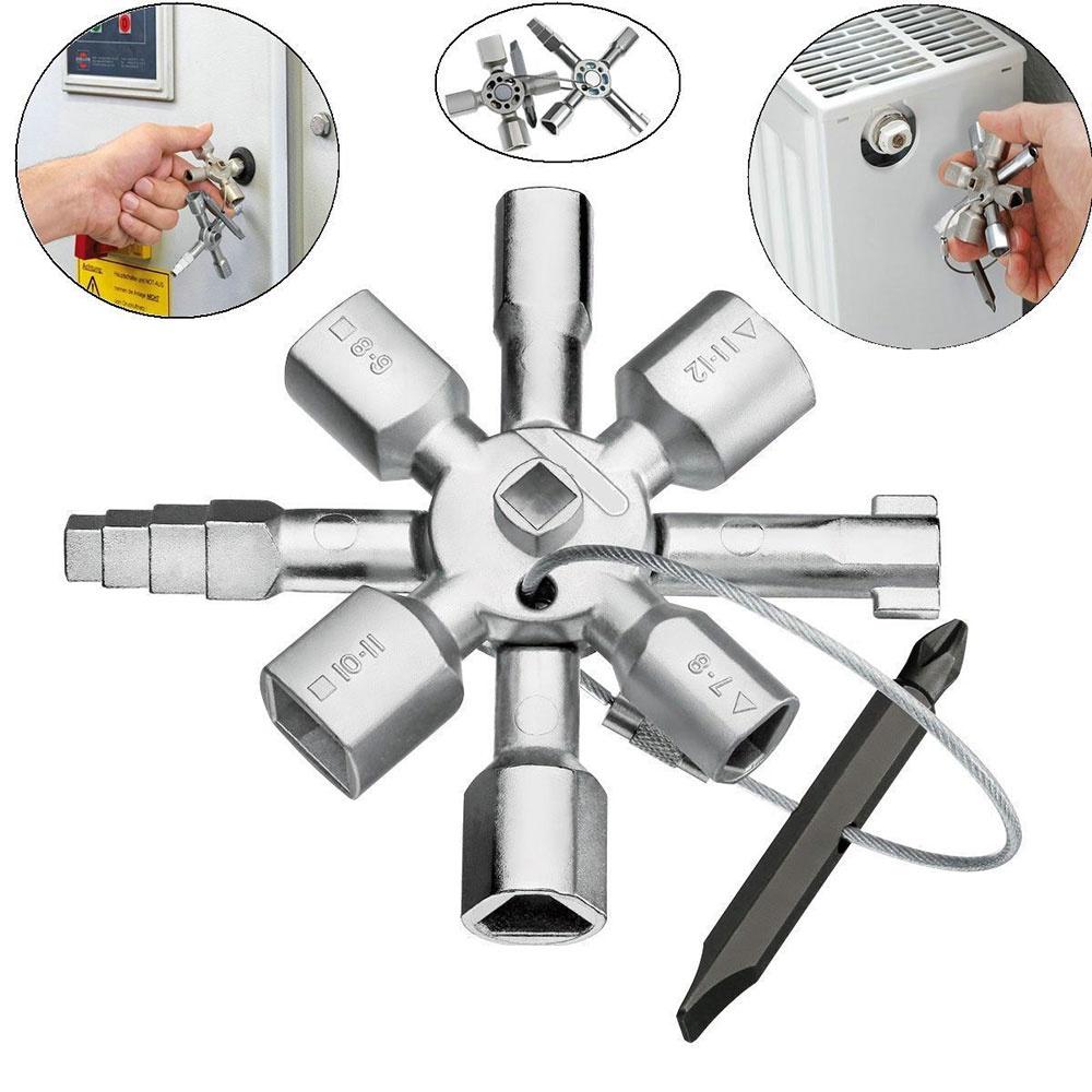 4 Way Cross Key Bit Zinc Alloy Multi-Functional Universal Opening Key Plumbers Electricians Tools for Water Meter Valve Electric Box Cupboard Cabinet
