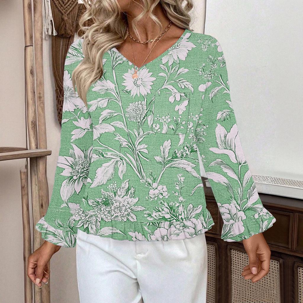Women's Casual Fashion Ruffled V-Neck Pocket Floral Print Long Sleeve Top