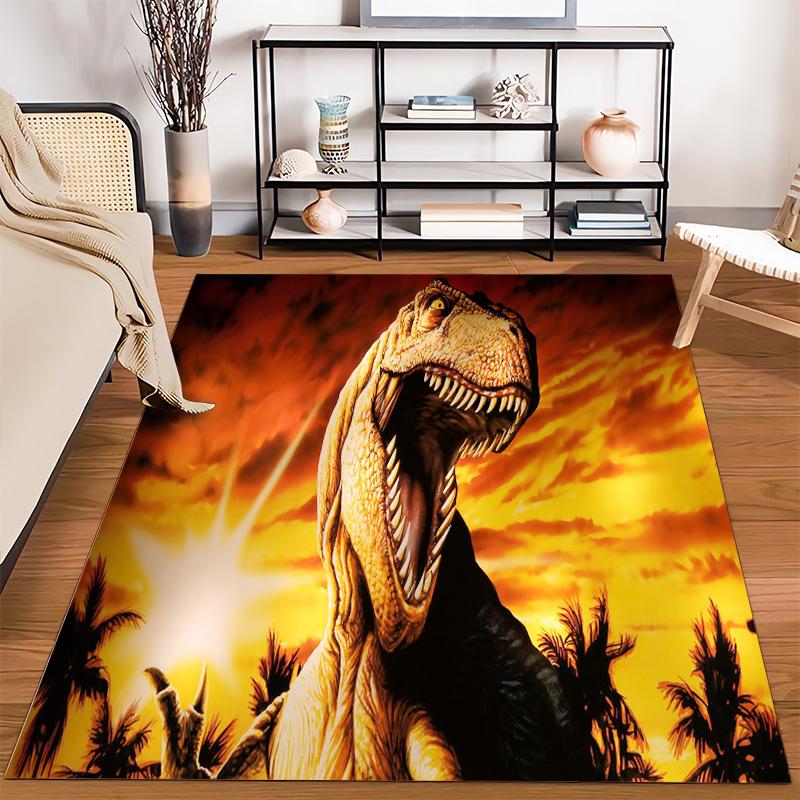 Realistic Dinosaur Print Carpet with Sunset Background and Palm Tree Silhouettes" Suitable for use as an anti-slip1 for1room and bedroom sofas