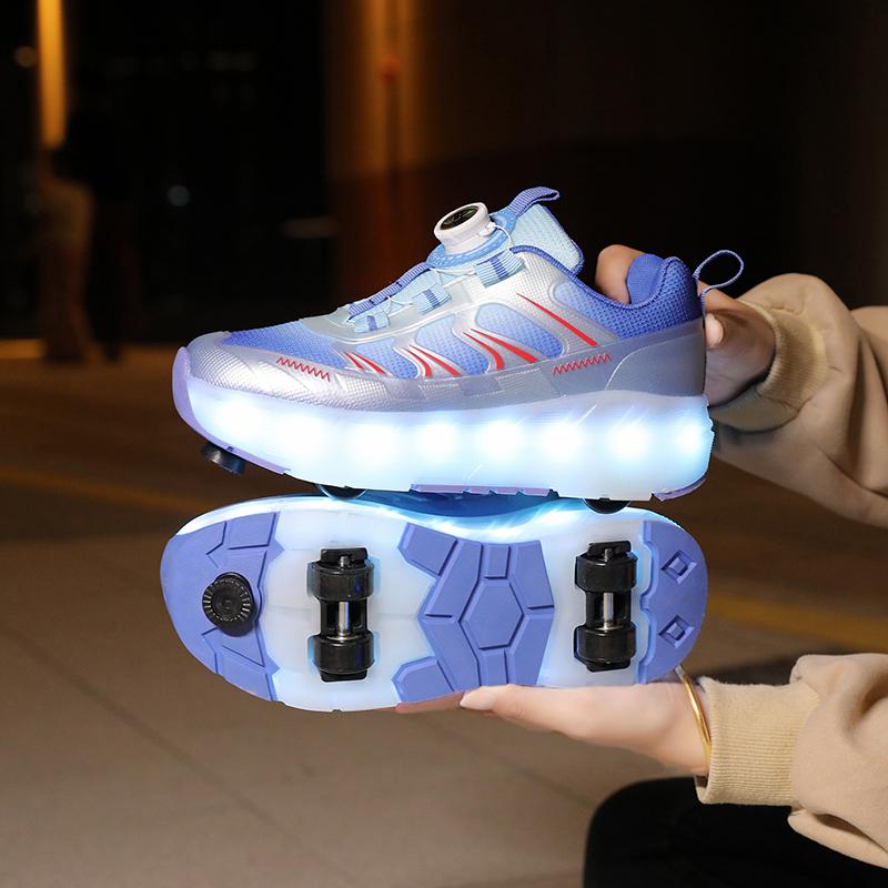Kid's Roller Skates Removable Flat Charging LED Four Wheels Glowing Sports Shoes Pink Women's Glowing Sneakers