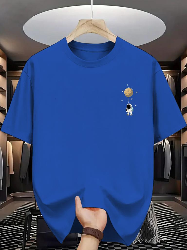 Unisex Cotton Tee Astronaut Planet Chest Graphic Print Loose Breathable Summer Crew Neck Casual Street T Shirt Unisex Daily Wear