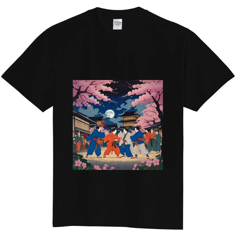 Samurai Night Festival Ukiyo-e Style T-Shirt | Cherry Blossoms & Full Moon Desig XL