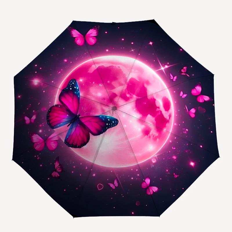1pc Moon Butterflies Automatic Open/Close Umbrella with Folding feature Compact Travel Umbrella, Lightweight design, for Commuting076