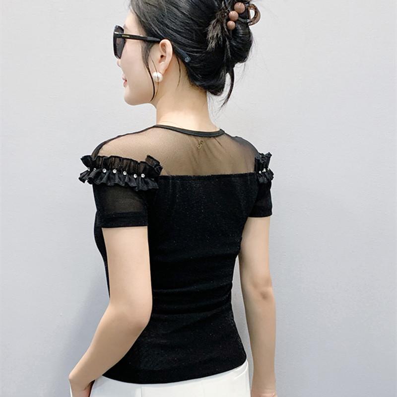 Módní letní dámské elegantní volánky s korálky tričko elegantní s krátkým rukávem s kulatým výstřihem sexy topy dámské univerzální ležérní trička