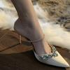 Elegant Woman  Silk Bling Crystal Rhinestone Pointed Toe Shallow Slingback Summer Sandals  Heels Pumps Slippers
