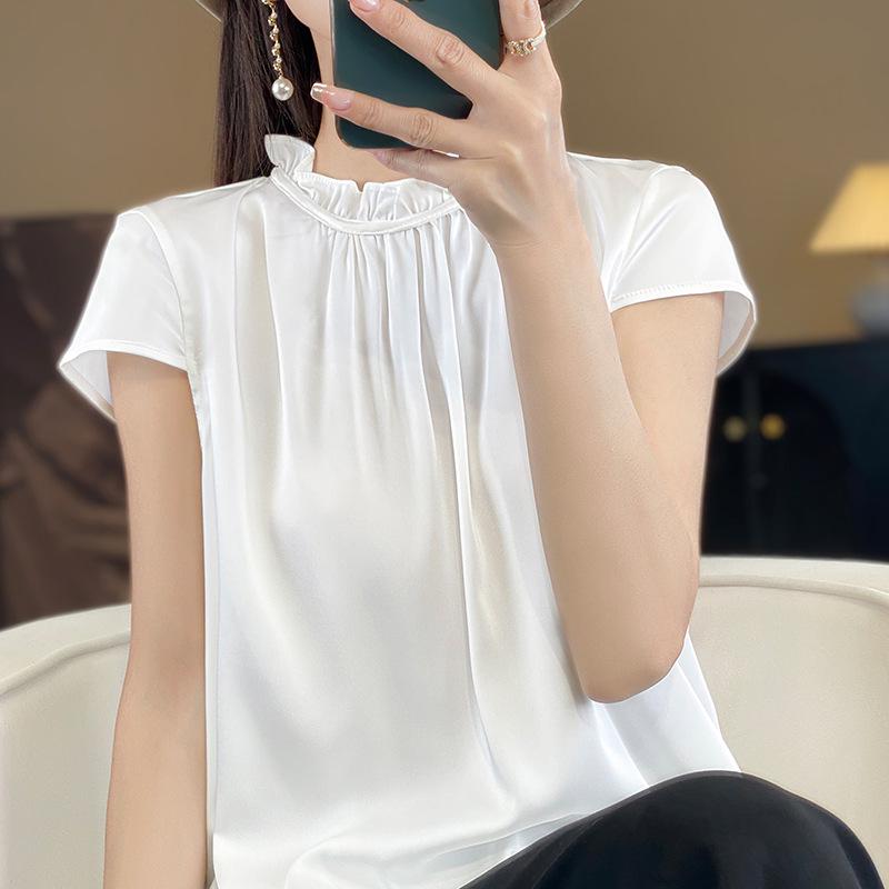 Women's Faux Silk Mock Neck Short Sleeve Satin Tank Top