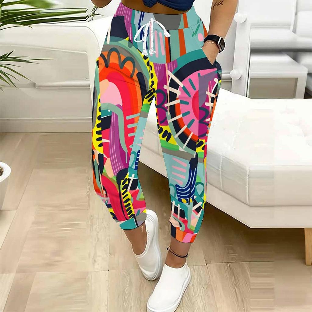 Sommer Damen Graffiti Trend Print Jogginghose Lockerer Schnitt Kordelzug Jogginghose Elastischer Bund Tägliche Lässige Hose