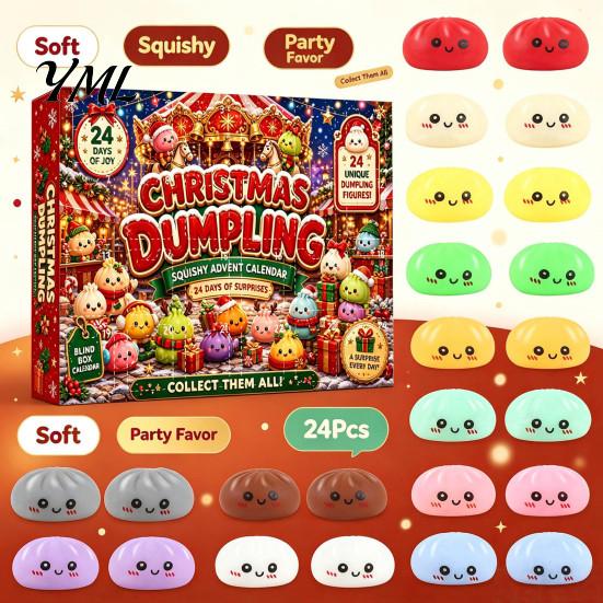 Christmas Party Favors Cartoon Dumpling Gift Box, Xmas Advent Calendar with 24 Stress Countdown Relief Squeeze Toys, Days Steamed Bun Toy Box