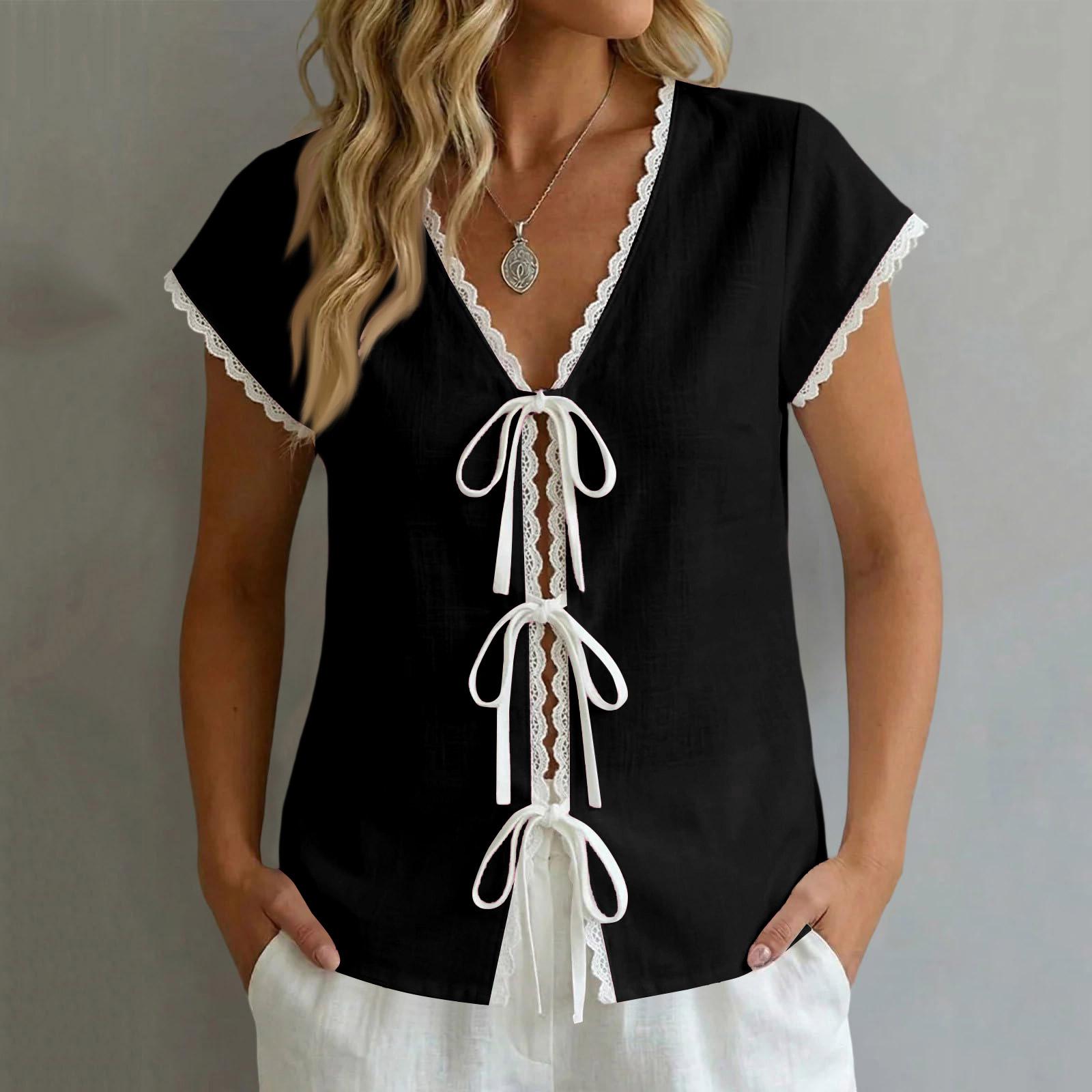 Ladies  Casual And Fashionable Lace Short Sleeved Shirt Top L чёрный