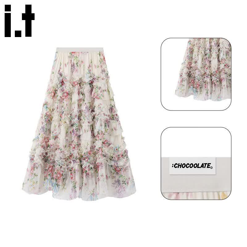 CHOCOOLATEit French Floral High-Waist Layered Skirt One Size абрикосовый