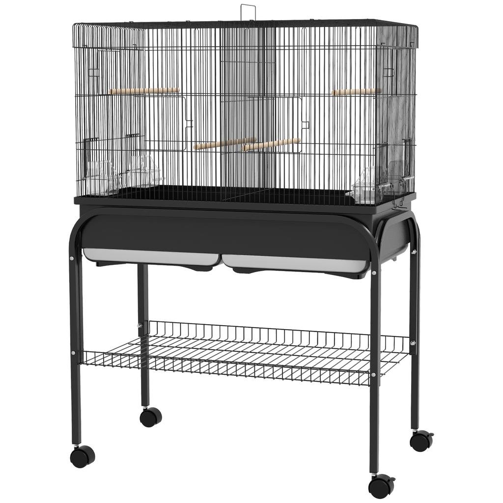 Indoor Bird Cage with Tray, Shelf and Wheels with Brakes, 85x49x119 Cm, Black