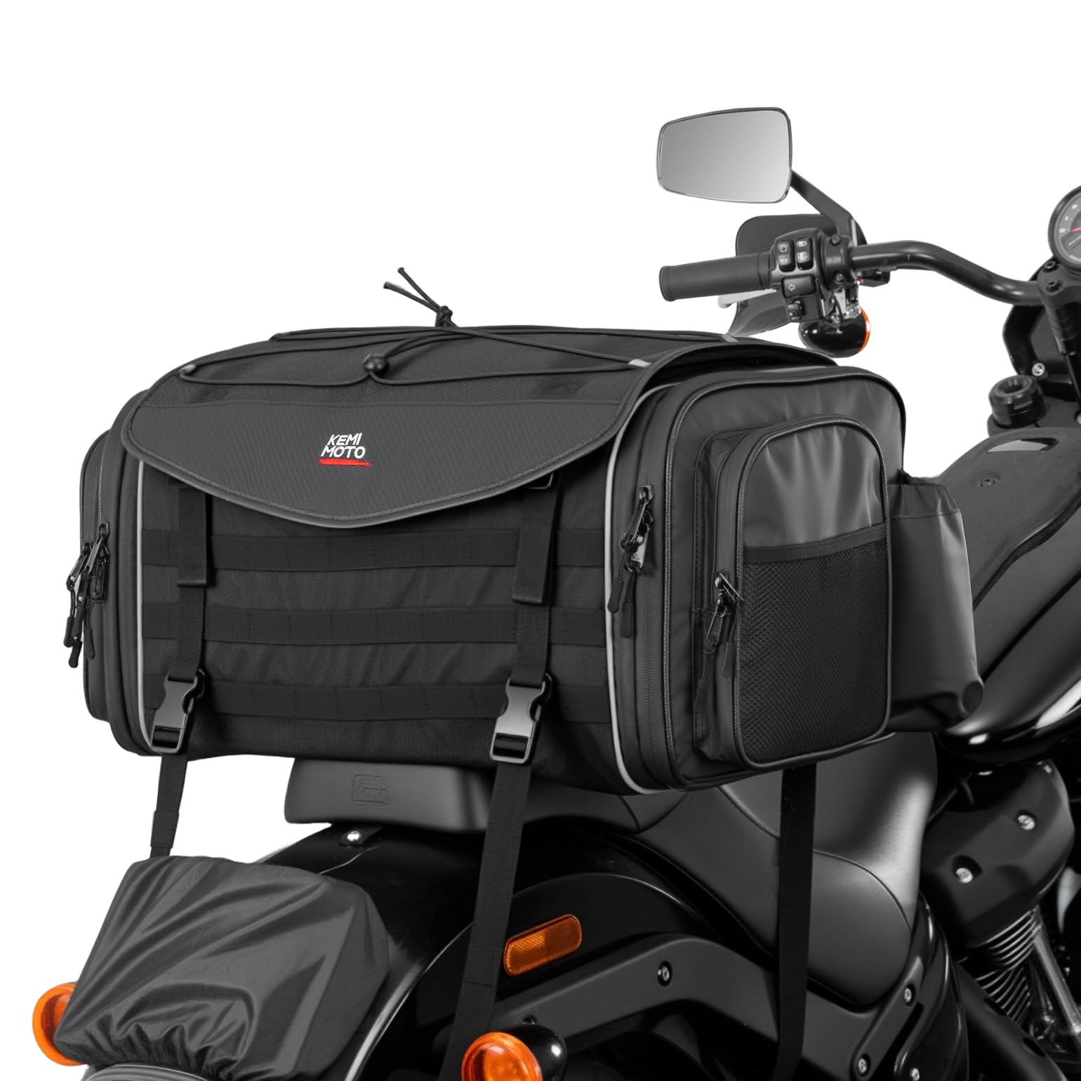 

KEMIMOTO Motorcycle Tail Seat Bag M (35–45 L), Expandable Touring Rear Bag with Rain Cover, Rigid Shape, Top Cargo Straps, Universal Fit
