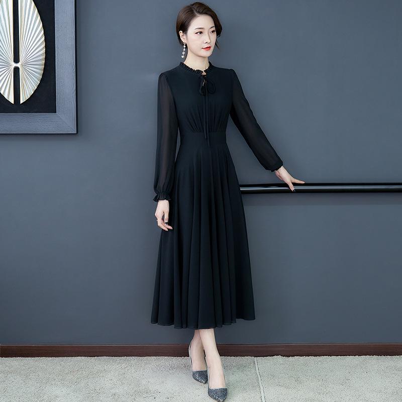 Women's Long Sleeved Lead Pure Color Chiffon Dress Slim And Large Skirt