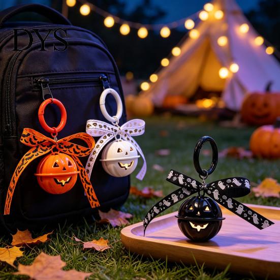 Metal Pumpkin Bell Keychain Halloween Keychain, Hollow Head Key Ring with Ribbon Bow, Backpacks Charm for Holiday Party Decoration