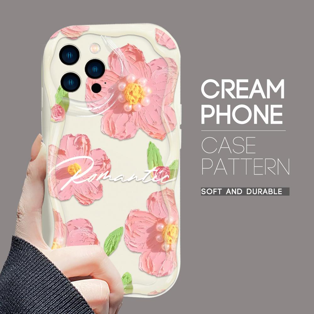 For iPhone 16 15 14 13 12 Samsung S24 S23 S22 A06 A13 A14 A15 A16 A55 Redmi Note 13 12 Pink Flowers Pattern Soft Silicone Wave Edge Phone Case