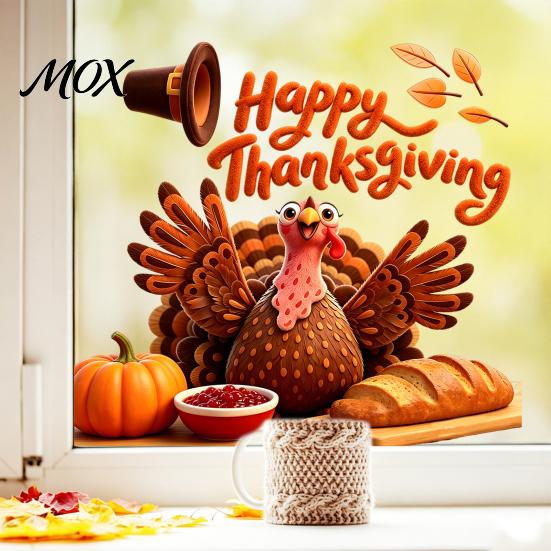 Autumn Harvest Wall Decals Thanksgiving Turkey Window Static Sticker, Decorative Removable PVC Decals, Reusable Glass Clings Theme for Indoor