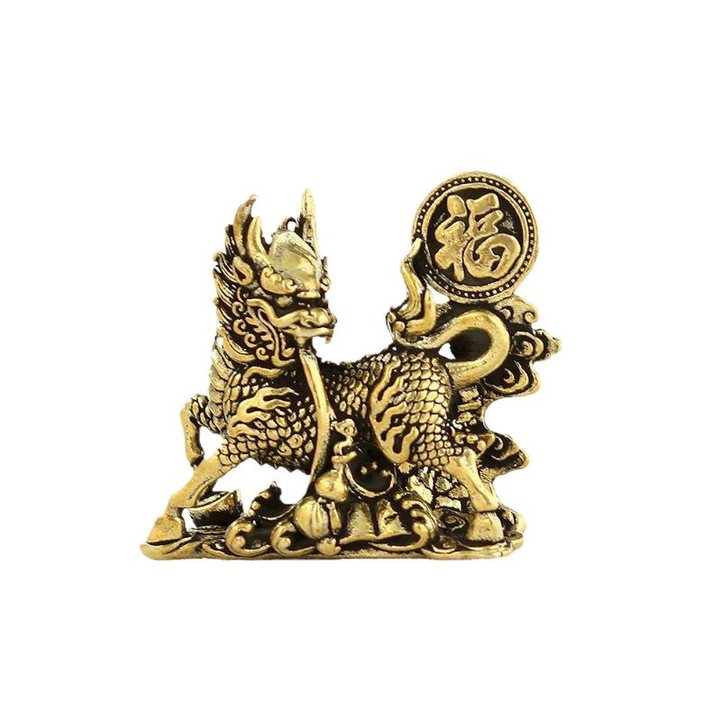 2Pcs/Set Brass Fu Character Kirin Small Ornament Home Office Copperware Tea Pet Decoration