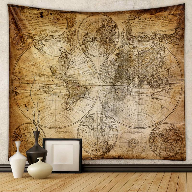 Retro Renaissance World Map Tapestry Polyester Fiber Baroque Art Wall Hanging Living Room Bedroom Home Decoration