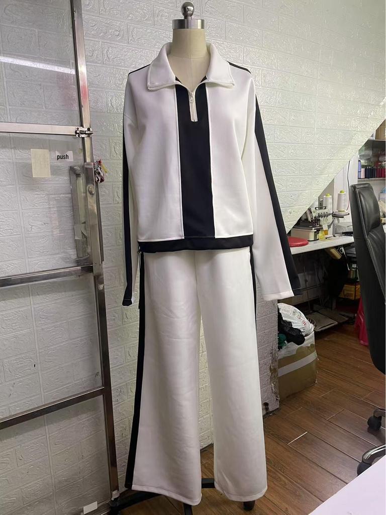 2025 Autumn Women's Fashion Color Block Casual Knitted Two-Piece Set