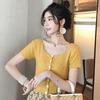 Women's Casual Square Collar Solid Short Sleeve Buttons Knitted Hollow Out T-Shirt