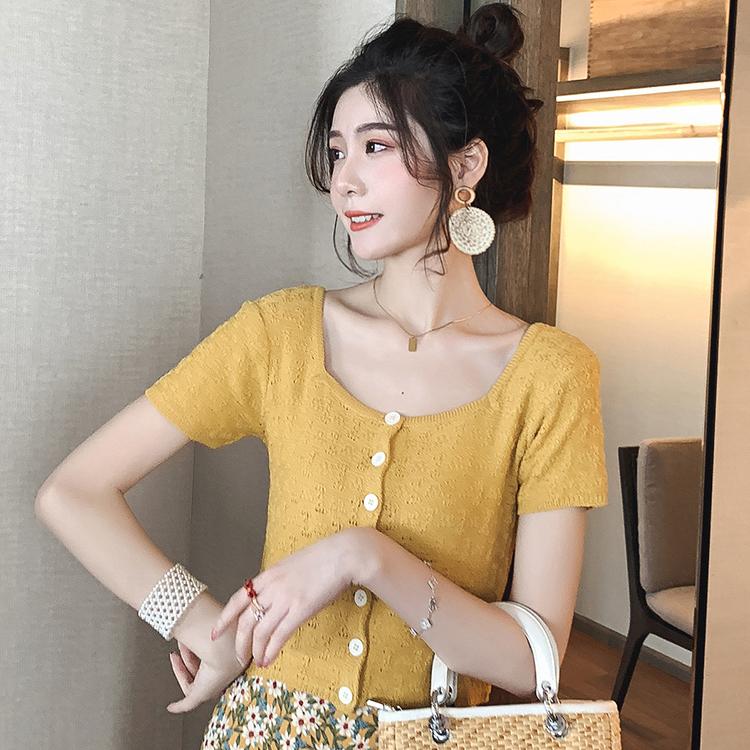 Women's Casual Square Collar Solid Short Sleeve Buttons Knitted Hollow Out T-Shirt