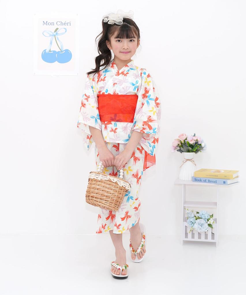 Bee Yukata Set for Easy to Wear for Fireworks White with Colorful Ribbons 3-Piece Girls, Summer, Striped, Checkered, Goldfish, Shirring, Festivals,