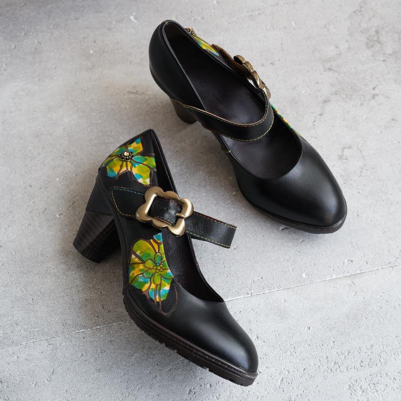 Johnature Retro Genuine Leather Printed Women's High Heels Comfortable Round Toe Thick Heels Pumps