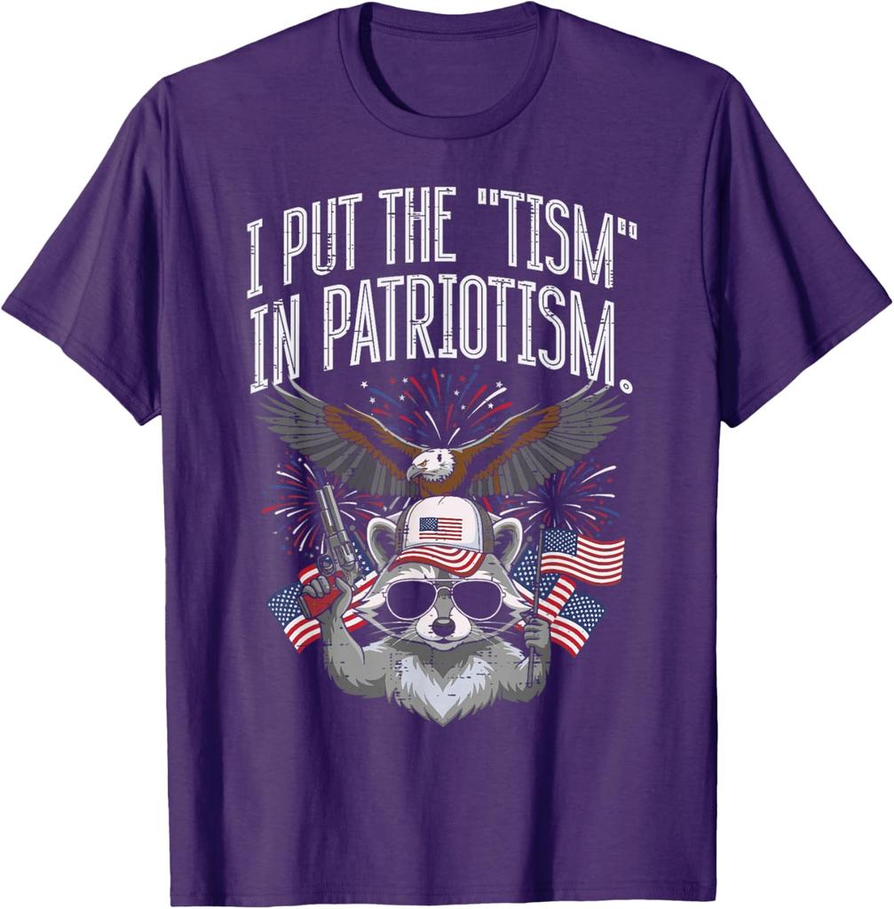 I Put The Tism In Patriotism Raccoon Funny Graphic Print Round Neck Cotton T Shirt Casual Tops