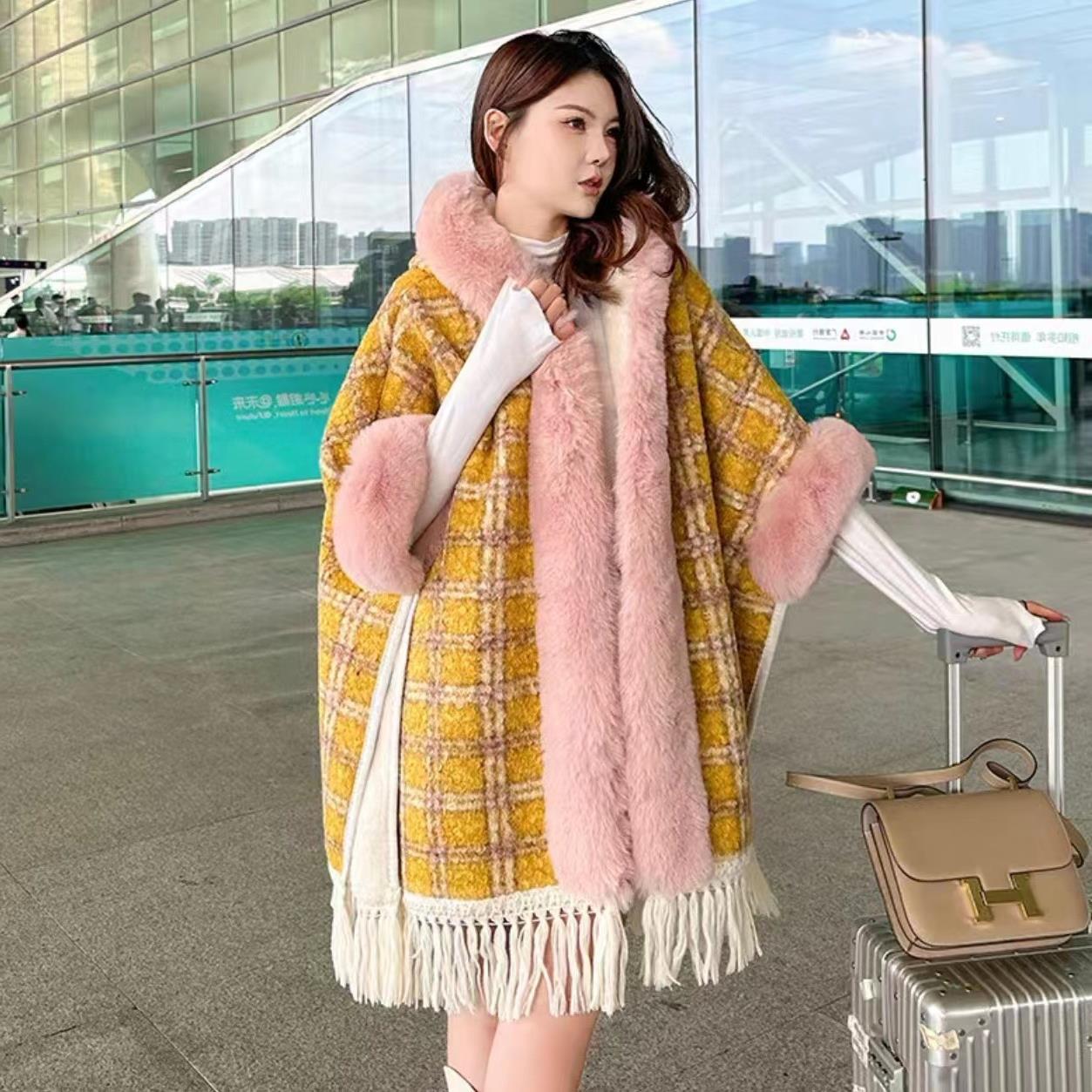 

986 #флисовая утолщенная накидка с кроличьим воротником, шаль, средняя и длинная кисточка, большой размер, клетчатая куртка, плащ One Size