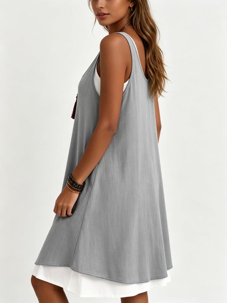 Women's Sleeveless Fake Two-Piece Vest Dress, Casual A-Line Midi Dress, Loose Fit, Color Block Patchwork, U-Neck, Cotton Blend