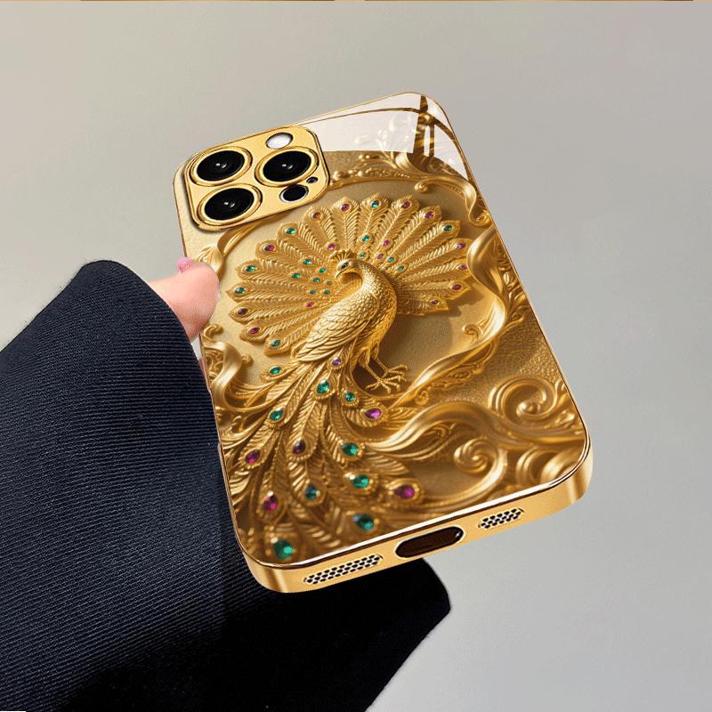 Luxurious peacock patterned electroplated glass phone case suitable for iPhone 17 16 15 14 13 12 11 Pro/Max/Plus shockproof