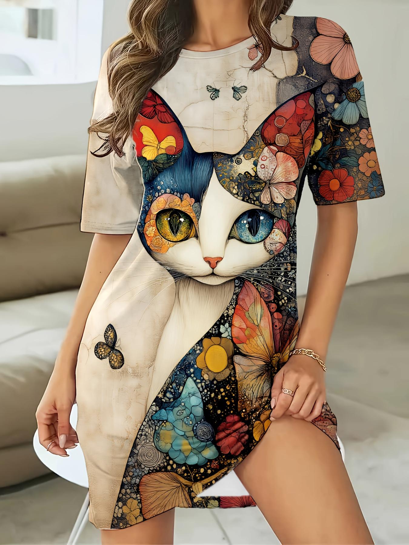 Women s Color Block Cat Print T-Shirt Nightgown 5XL дубильная кора