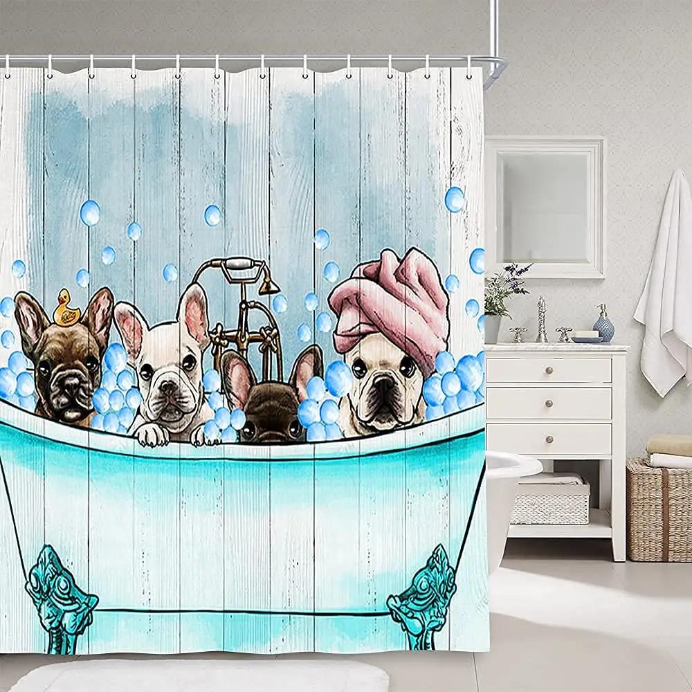 Zasłona Prysznicowa z Psem Chihuahua,   Relaksujący i Leżący w Modnym Spa Wellness Szczeniak Komiksowa Tkanina Zestawy Dekoracji Łazienkowych