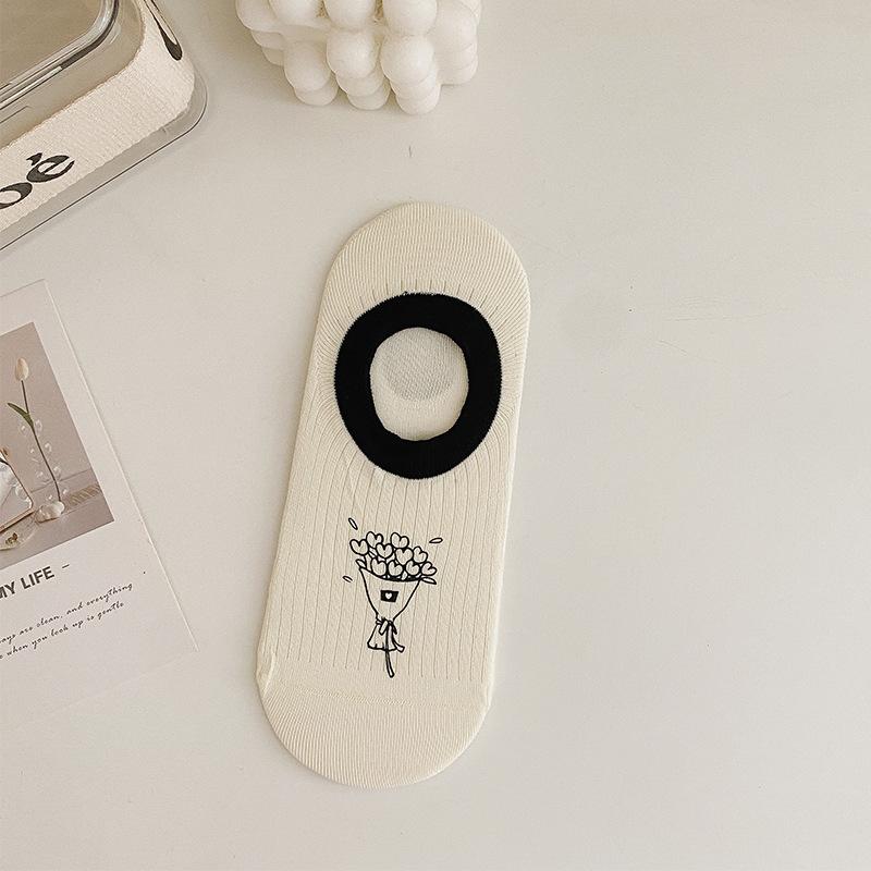 Summer Thin Boat Socks for Women, Cotton Socks, Breathable Short Socks, Summer Cartoon, Shallow Mouth, Non-dropping and Invisible Socks