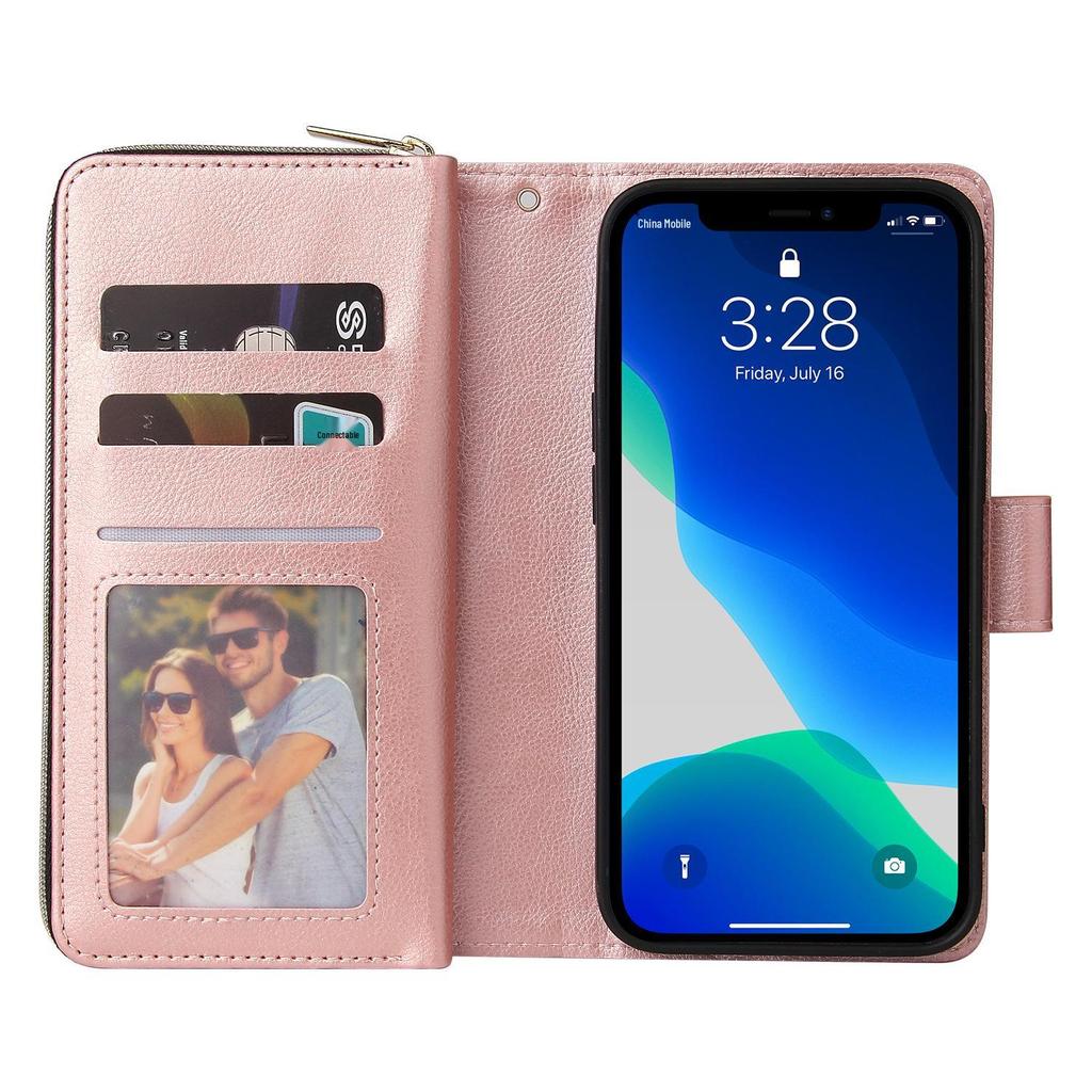 Apple iPhone 13/12 Mini Leather Case: Nine-Card Zipper Style for 14 Pro Max
