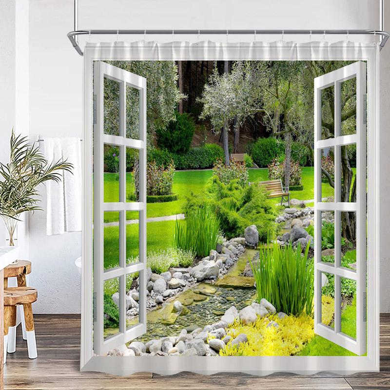Waterfall Landscape Shower Curtain Forest Lake Window Outside Nature Scenery Modern Home Bathroom Decor Bath Curtains With Hooks